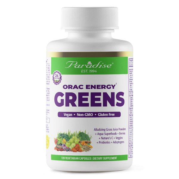 Paradise ORAC Energy Greens Powder Extract, Super Antioxidants, Probiotics for Gut Health & Digestion, Vitamin C for Immunity, with Spirulina & Chlorella, Non-GMO, Gluten Free, 120 Capsules