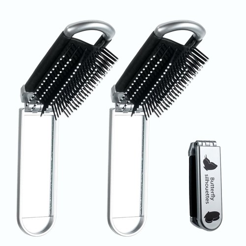 2Pcs Foldable Travel Hair Brush with Mirror,Pocket Hair Brush,Massage Comb Compact Hair Brush,Travel Hair Brush and Mirror,Mini Travel Hairbrush for Women Girls,Butterfly