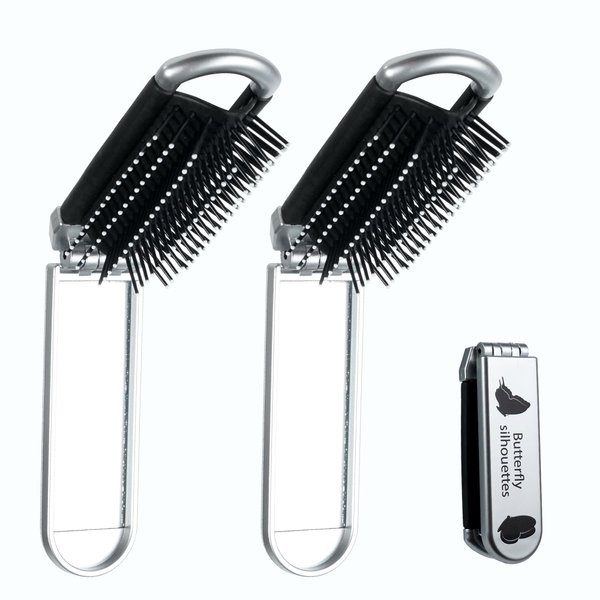2Pcs Foldable Travel Hair Brush with Mirror,Pocket Hair Brush,Massage Comb Compact Hair Brush,Travel Hair Brush and Mirror,Mini Travel Hairbrush for Women Girls,Butterfly