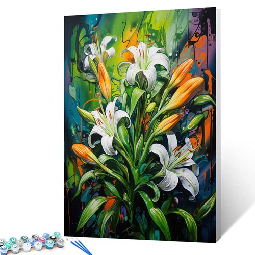 Green Spring Lily Floral DIY Paint by Numbers for Adults Graffiti Doodle Flowers DIY Digital Oil Painting Acrylic Paint Tropical Wildflowers Painting Kits Art Craft Room Decor 20x16 Inch(DIY Frame）