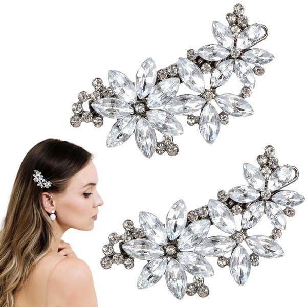 Mabor Rhinestone Bridal Hair Clip Decorative Crystal Flower Hair Pins Sparkly Silver Hair Accessories for Wedding Party Prom Bling Barrette for Women Girls Bridesmaid Bride