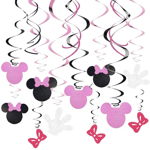 Kristin Paradise 30Ct Minnie Hanging Swirl Decorations - Ceiling Streamers for Mouse Birthday Party – Mini Mouse Theme Party Supplies – Party Favors for Kids - Glitter Pink, Black Decor