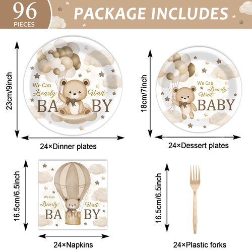 96Pcs We Can Bearly Wait Party Tableware Set Baby Shower Party Supplies Includes Plates Napkins Forks Bearly Wait Party Dinnerware Set Brown Bear Theme Party Decoration for Baby Shower Party Serve 24
