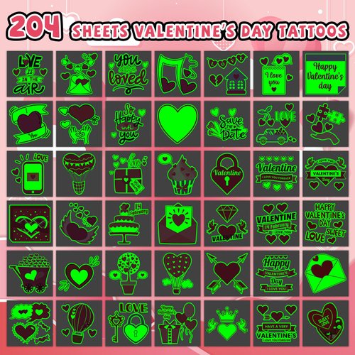 EMOME 204 PCS Individually Wrapped Luminous Valentine's Day Temporary Tattoo Kids, Glow Kiss Heart Tattoos Temporary for Women Kids, Valentine's Day Accessories Decorations Party Favors Supplies