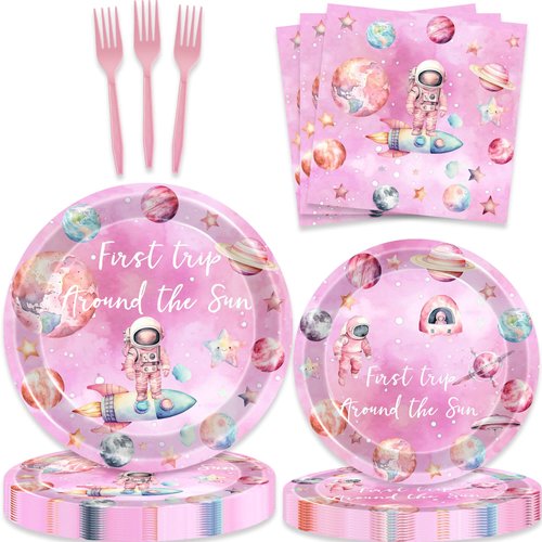 80 Pcs First Trip Around The Sun Birthday Decorations Outer Space Girls 1st Birthday Paper Dinner Plates Napkins Forks Dinnerware for Space Theme Girls Baby Shower 1st Bday Party Favors Supplies
