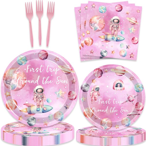 80 Pcs First Trip Around The Sun Birthday Decorations Outer Space Girls 1st Birthday Paper Dinner Plates Napkins Forks Dinnerware for Space Theme Girls Baby Shower 1st Bday Party Favors Supplies