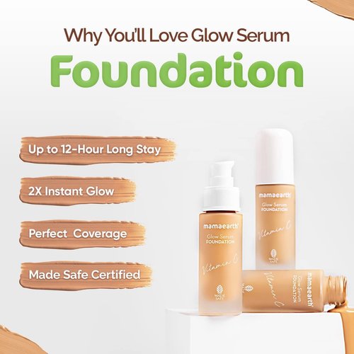 Mamaearth Glow Serum Foundation - 03 Nude Glow Shade | with Vitamin C & Turmeric | Up to 12 Hour Buildable Coverage | Waterproof & Lightweight | 1.01 Fl Oz (30ml)