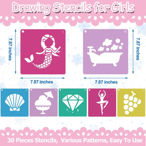 LanMa 30 Pieces Drawing Stencils for Kids Girls 8 x 8 Inches Kids Colorful Plastic Stencils Painting Templates Sidewalk Chalk Stencils