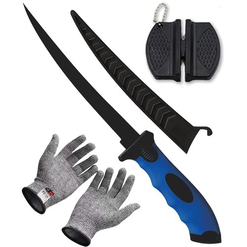 Fish Fillet Knife, 7 Inches Professional Fishing Fillet Knife Set Stainless Steel Blade in Corrosion Resistant Coating, with Sharpener and Cutting Resistant Gloves, for Fishing and Outdoor, Blue