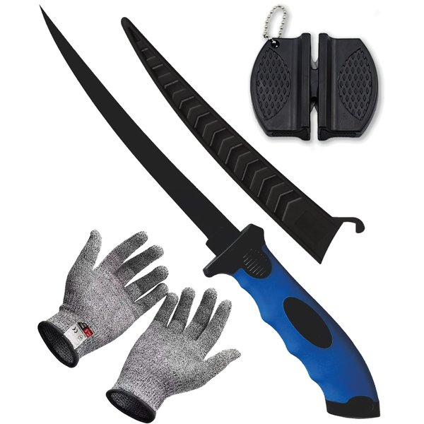 Fish Fillet Knife, 7 Inches Professional Fishing Fillet Knife Set Stainless Steel Blade in Corrosion Resistant Coating, with Sharpener and Cutting Resistant Gloves, for Fishing and Outdoor, Blue