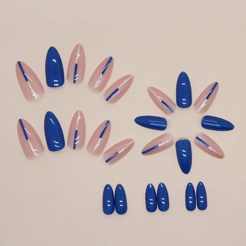 RikView Almond Press on Nails Medium Fake Nails Blue Nails Glossy Nails for Women 24 PCs/Set