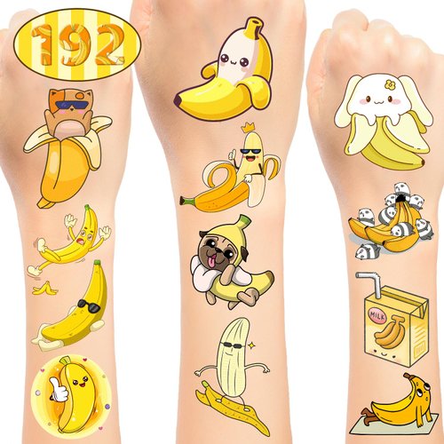 192PCS Banana Temporary Tattoos 16 Sheets of Fun Yellow Cartoon Banana Stickers, Perfect for Birthday Party Favors, Kids Decorations, and Gifts for Boys and Girls
