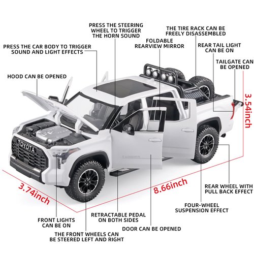 OANMYJJO Toy Trucks for Boys 1/24 Tundra Diecast Metal Model Toy Pickup Truck Pull Back Car Model with Light and Sound Toy Trucks for Boys Age 4-7(White)