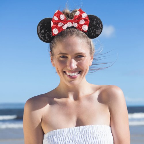 zhezesmila Mouse Ears Headbands for Women Sequin Polka Dot Bow Headband Hair Accessories for Birthday Costume Party Decorations