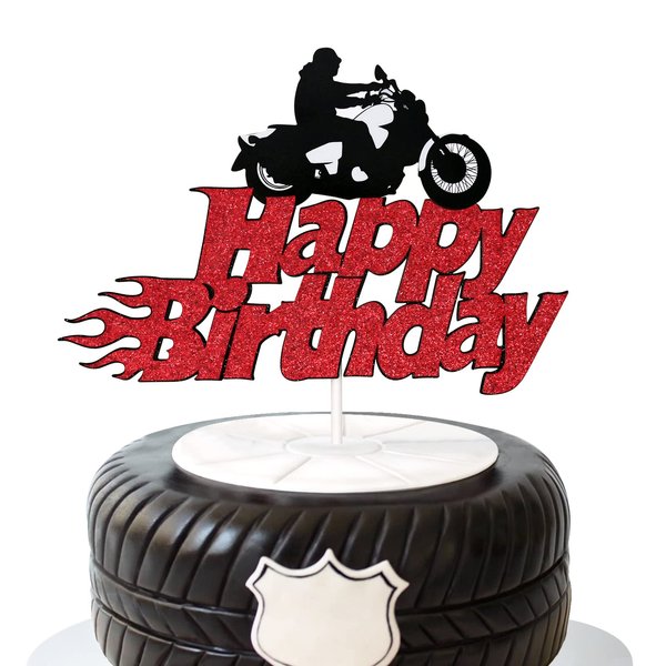 Motorcycle Happy Birthday Cake Topper, Bday Party Decorations, Harley Motocross Sport Party Supplies for Men Boys, Pre-assembled, Double-sided Glitter