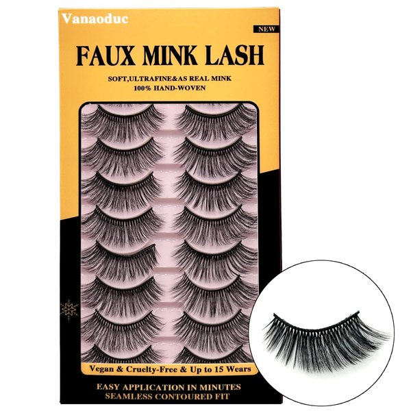 VANAODUC Eyelashes Wispy False Lashes,Cat Eye Lashes 5D Full Volume Faux Mink Lashes 10 Pairs Pack Lightweight Fake Eyelashes Comfortable, Reusable, Cruelty-Free