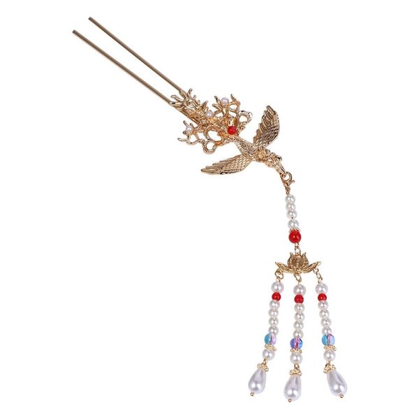 Gold Phoenix Tassel Hairpins Pearl Tassel U-Shape Hair Stick Chinese Style Phoenix Hair Fork Hanfu Headdress Hair Accessory for Women Girls
