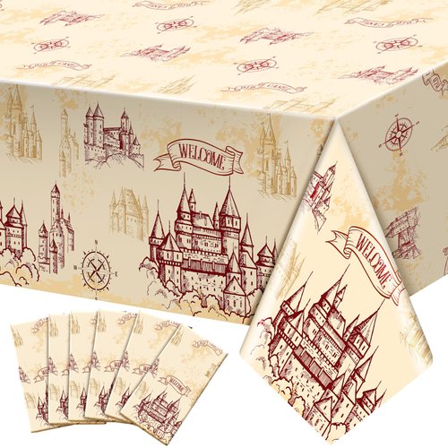 WovWeave Wizard Tablecloth (6 pcs), Plastic, Vintage Castle Decor, Disposable, for Wizard Decoration, Halloween, Party Supplies, Rectangular, 108 x 54 inches