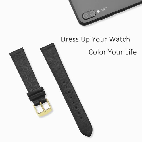 WOCCI 18mm Lug Width, Elegant Watch Band, Genuine Leather Replacement Strap with Gold Buckle (Black)
