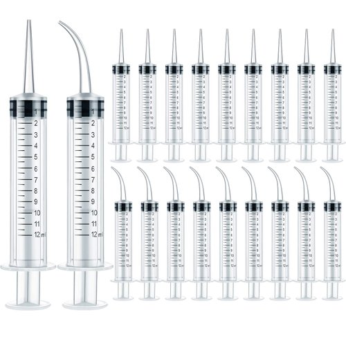 12 ml Plastic Syringes Set, Dental Syringe with Curved Tip and Straight Tip, Disposable Irrigation Syringe Mouthwash Cleaner for Oral Care, Animal Feeding, with Measurement (20 Pieces)