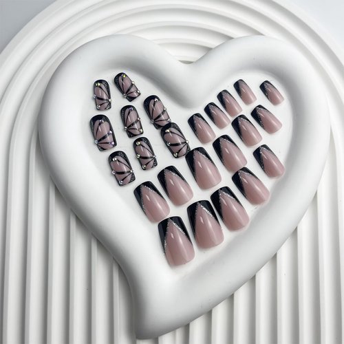 Butterfly Press on Nails Medium Square French Tip Fake Nails Black with Rhinestones Glitter Design Acrylic Glue on Nails Full Cover Pink False Nails Stick on Nails for Women Girls Manicure 24Pcs