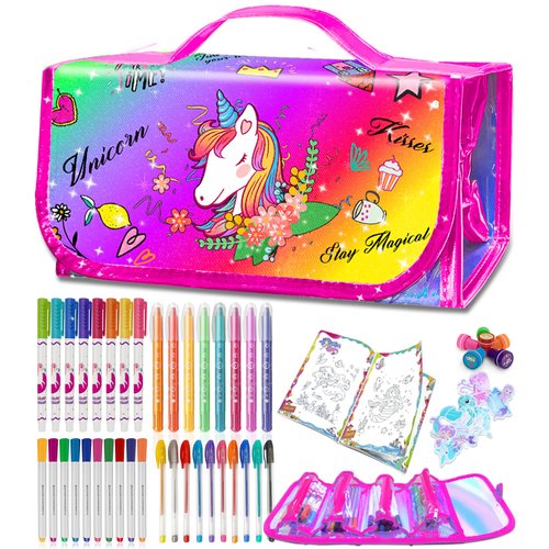 weirtoya Washable Fruit Scented Markers Set with Rainbow Unicorn Pencil Case Stickers Stamps Coloring Book