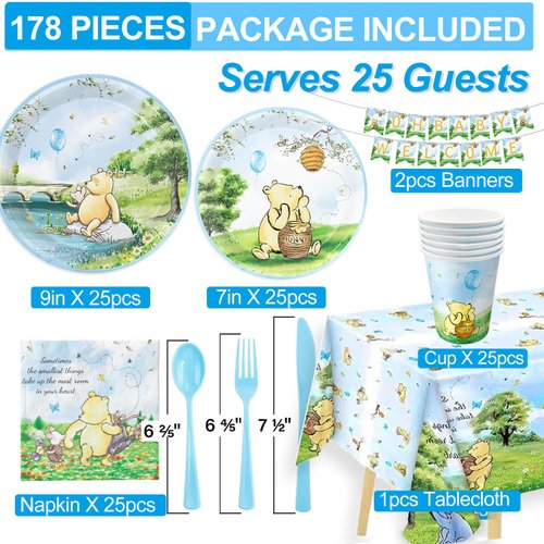 177pcs Blue Winnie Bear Baby Shower Pooh Party Supplies Decorations Oh Baby Plates and Napkins Tableware Set for Boys Girls Newborn Kids Cups Tablecloth Banner Birthday Decorations for 25 Guests