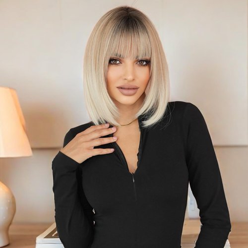 SENHORAS Short Bob Wig with Bangs Dark Brown Mix Auburn Omber Platinum Blonde Three color Gradient Bob Wigs for White Women Natural Straight Synthetic Wig for Daily use Cosplay Party