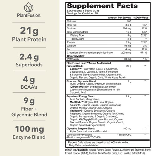 PlantFusion Complete Lean Plant Based Protein Powder - Prebiotic Fiber, Superfoods & Digestive Enzymes - Vegan, Gluten Free, Soy Free, Non-GMO - Chocolate Brownie 1 lb