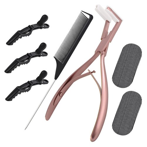 NEWISHTOOL Tape in Hair Extension Tools Kit, Stainless Steel Hair Sealing Pliers Fine Tail Comb Hair Clips & Hair Pads for Human Hair Extension Tape Sealing, Pink Flat Surface Taping Clamp Plier
