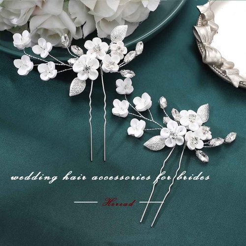 Heread Flower Bride Wedding Hair Pins Silver Crystal Bridal Hair Pieces Leaf Hair Accessories for Women and Girls(Pack of 2)