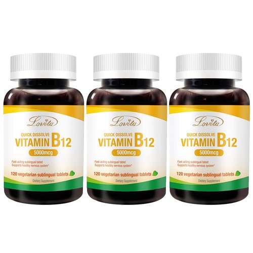 Lovita Maximum Strength B12 Vitamins 5000 mcg, Quick Dissolve B12 Sublingual Tablets, Support Nervous System & Energy Metabolism, Non-GMO, 120 Vegan Vitamin B12 Sublingual Tablets (Pack of 3)
