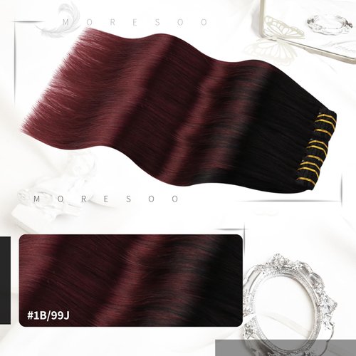 Moresoo Burgundy Hair Extensions Real Human Hair Clip ins Ombre Clip in Hair Extensions Human Hair Balayage Black to Red Wine Double Weft Clip in Human Hair Extensions 7pcs/120g 20inch