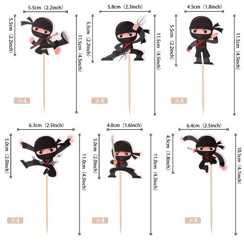 24 PCS Ninja Cupcake Toppers Assembled Martial Arts Karate Kung Fu Warriors Cupcake Picks Decorations for Ninja Theme Baby Shower Kids Birthday Party Supplies