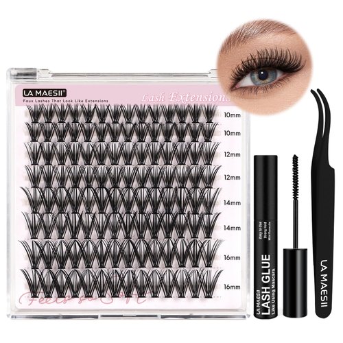 LA MAESII DIY Lash Extension Kit, 30D Lash Clusters Kit Cluster Eyelash Extensions Kit 10-16mm Individual Lashes with Lash Glue and Lash Applicator, Faux Mink Lashes Soft Thin Band Reusable (30D-Kit)