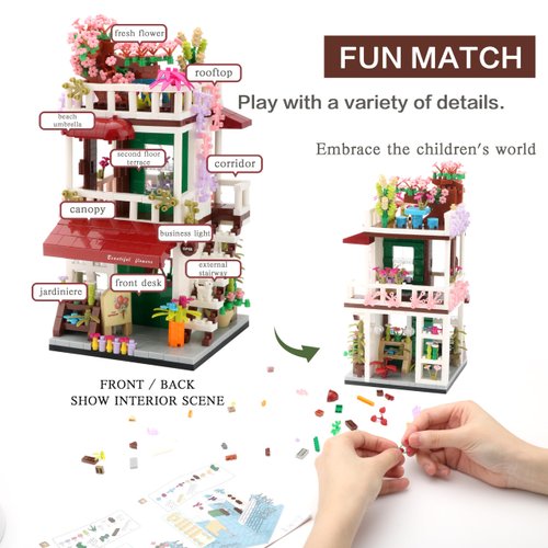 TEXXXIAN Flower Shop Micro Building Blocks Set for Girls Simulation Mini House Building Educational Creative Toy for Kids Ages of 8+ 953 Pieces Street View