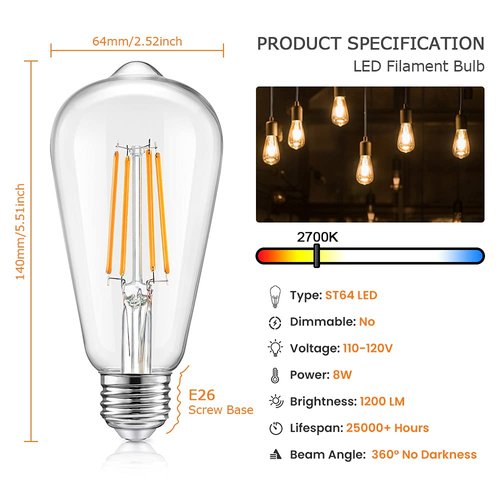 Vintage LED Dimmable Edison Light Bulbs 100W Incandescent Equivalent, 8W 1200Lumens, E26 Base LED Filament Bulb, 2700K Warm White, ST64/ST21 Antique Clear Glass for Home, Reading, Bathroom, 4-Pack
