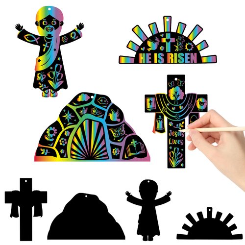 WATINC 80pcs Christian Easter Scratch Cards Ornaments, Cross Jesus Scene Magic Color Crafts Art Kit for Kids, Easter Resurrection Religious Sunday School Classroom Supplies Decorations