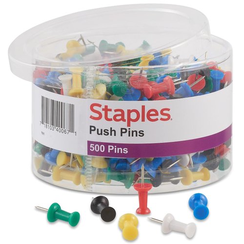 Staples 480118 Push Pins Assorted Colors 500/Tub