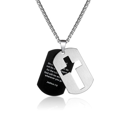 P.Blake Dog Tags Cross Necklace for Men Boys Stainless Steel Cross Pendant Chain, Bible Verse Baptism Religious Christian Jewelry Confirmation First Communion Christmas Gifts (Joshua 1:9)