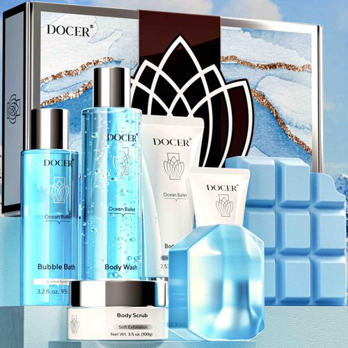 Docer Christmas Gifts for Women, Ocean Scented SPA Gift Baskets for Women 7Pcs Bath and Body Gift Luxury Self Care Gifts for Women, Gift Basket Care Package for Women Her Wife Mom Friends