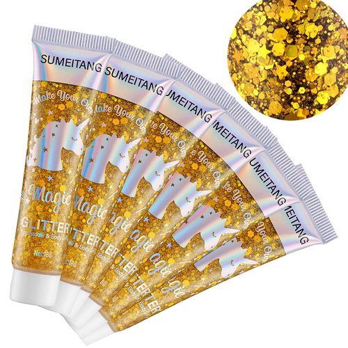 SUMEITANG 6PCS Gold Face Body Glitter Gel，Holographic Chunky Sequins Body Glitter Paint for Party Singer Concerts Music Festival Rave Accessories for Girls Women Face Body DIY Sparkling Makeup