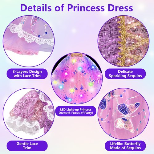 FRIEET Princess Dress for Girls, Light-up Princess Dress up for Girls Age 3-8 Years Old, Costume for Little Girls for Halloween Brithday Party (S)