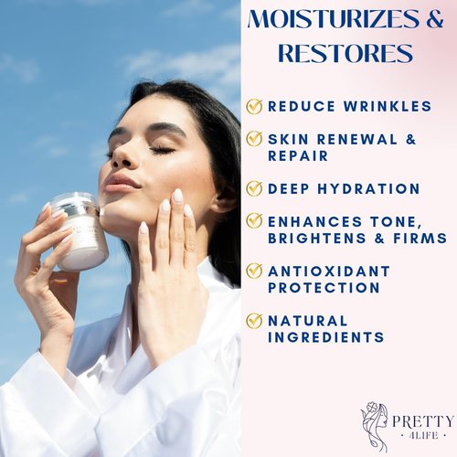 Pretty 4 Life Advanced Anti-Aging Cream - Collagen, Retinol, Hyaluronic Acid & Vitamin C - Moisturizer for Face, Neck & Décolleté - Firms, Hydrates & Reduces Wrinkles - Day/Night Formula - 1.7 oz