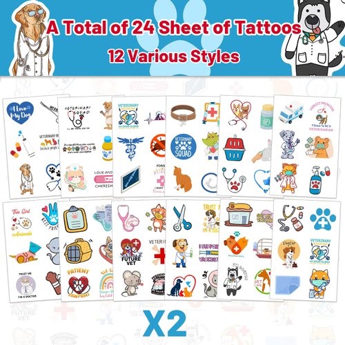 144PCS Veterinary Temporary Tattoos Stickers Vet Medicine Technician Themed Party Favors Supplies Birthday Party Decorations Gifts for Kids Girls Boys Classroom Rewards