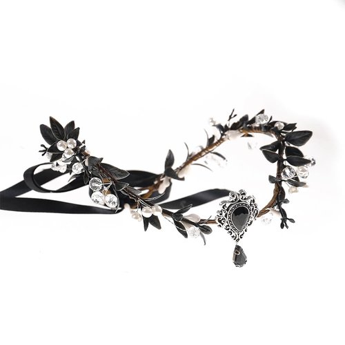 Bubbmi Black Flower Crown Headband with Drop, V-shape Woodland Elf Costume Fairy Renaissance Party Headpiece for Women Girls