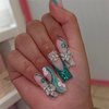 BABALAL French Tip Press on Nails Long Square Fake Nails Green Bling Glue on Nails 3D Butterfly Heart Charm Acrylic Nails 24Pcs Squoval Luxury Full Cover False Nails