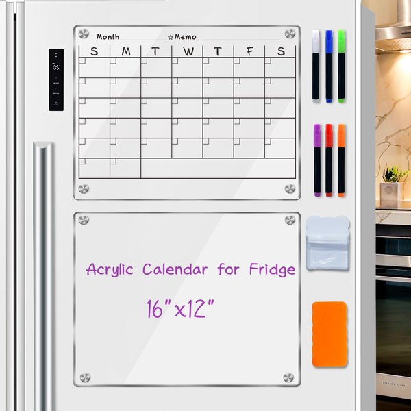 Oblivi Magnetic Acrylic Aalendar for Fridge,16.5"x12" Clear Magnetic Calendar Set of 2 for Fridge,Acrylic Magnetic Dry Erase for Fridge Reusable Plan Board,Includ 6 Dry Erase Markers/Pen Holder/Gasket