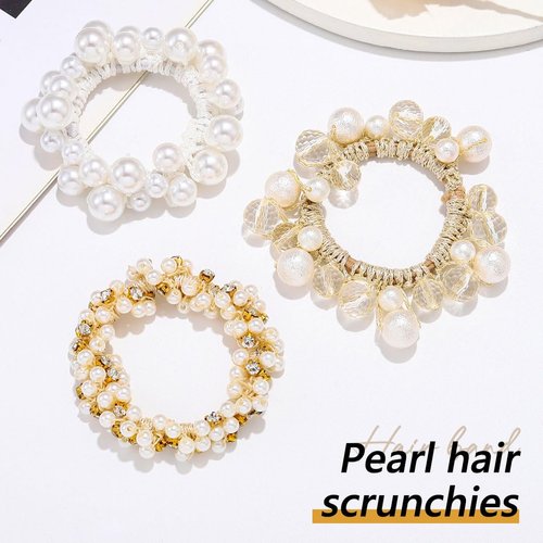 Fashey Pearl Hair Ties Beige Elastic Ponytail Holder 3 Pcs Rhinestone Hair Scrunchies Beaded Set Hairband Stretchy Hair Accessories for Women (type B)