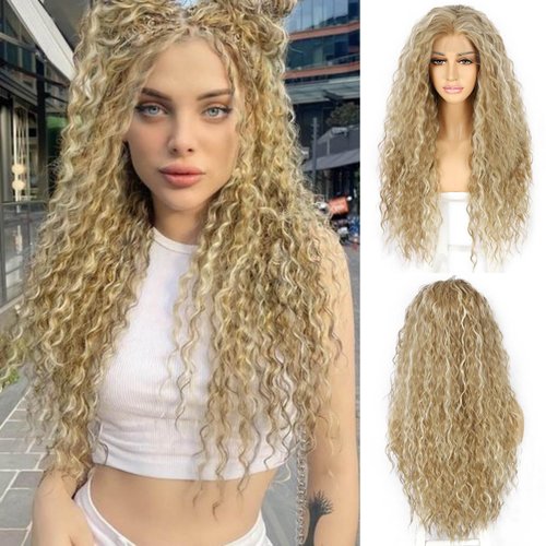 SAPPHIREWIGS Curly Lace Front Wigs Highlight Blonde Long Water Wave Synthetic Lace Front Wig Pre-plucked Hairline Blonde Wigs for Black Women 26inch